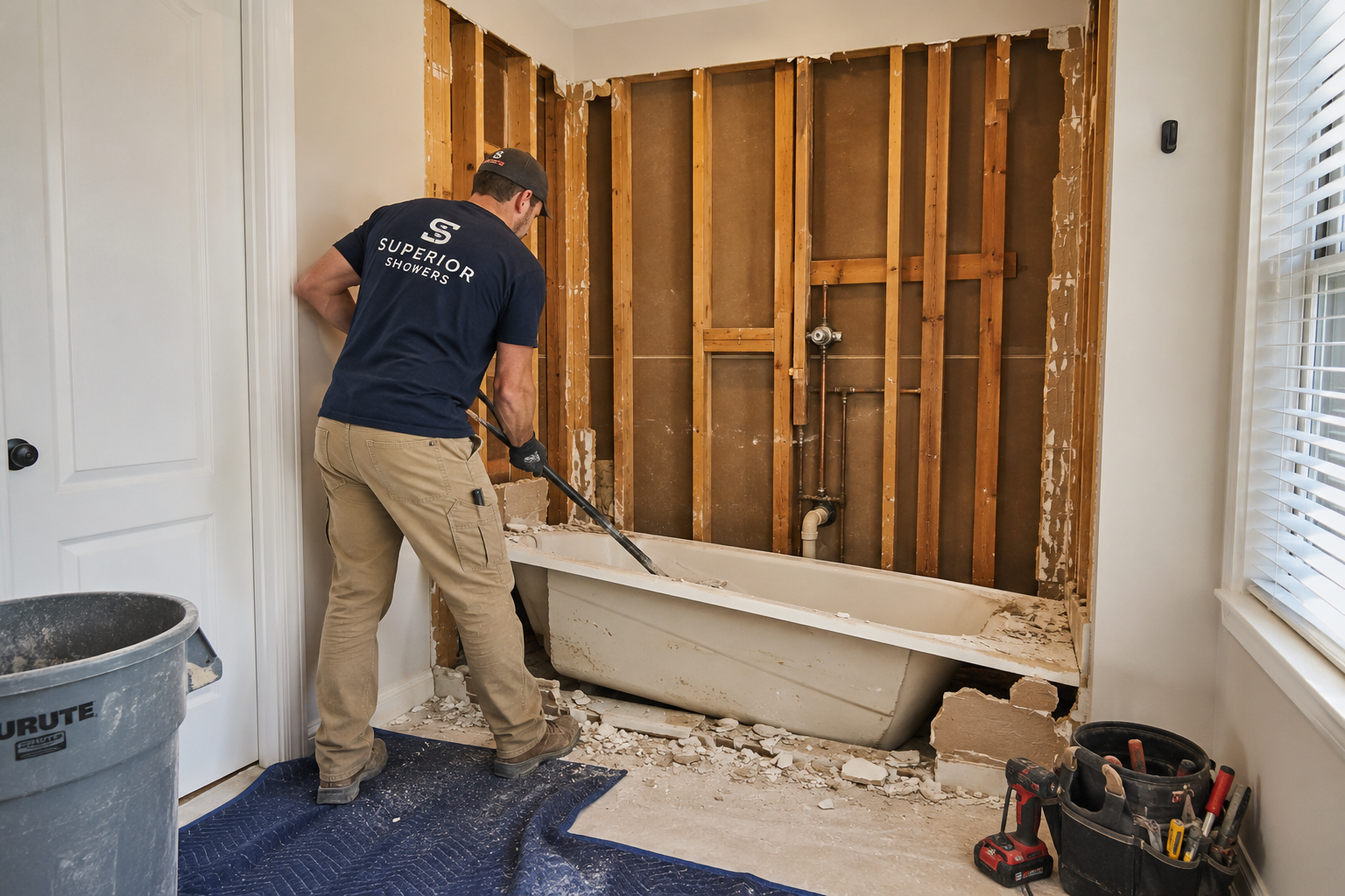 Superior Showers crew member demolishing an old tub and walls to the studs