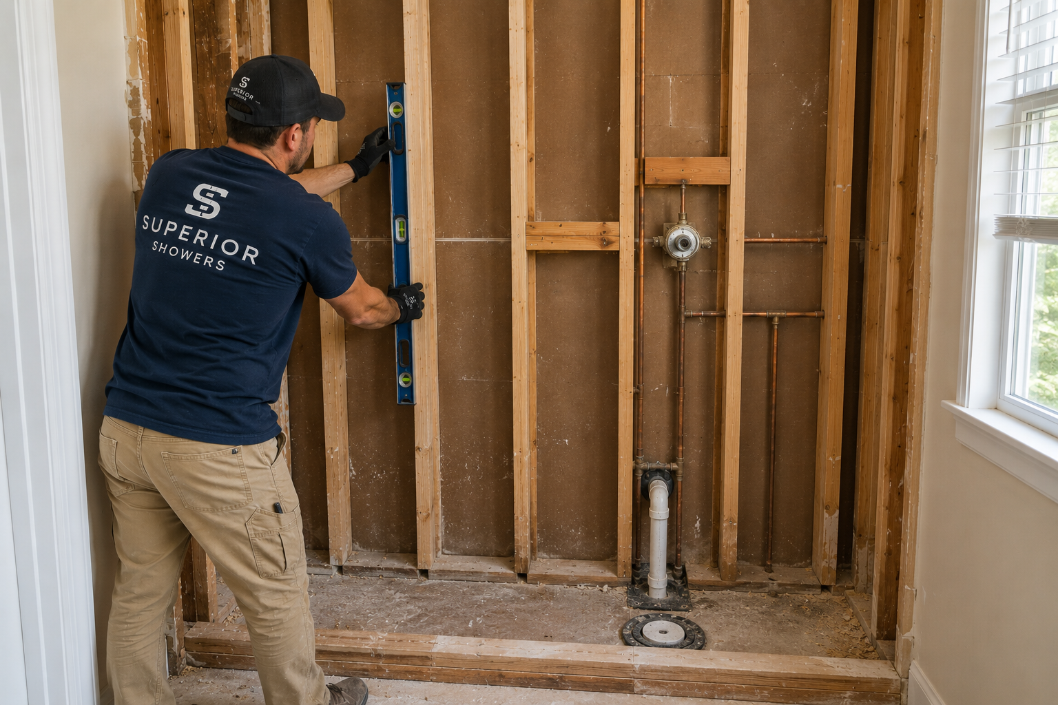crew member checking exposed wall framing with a level