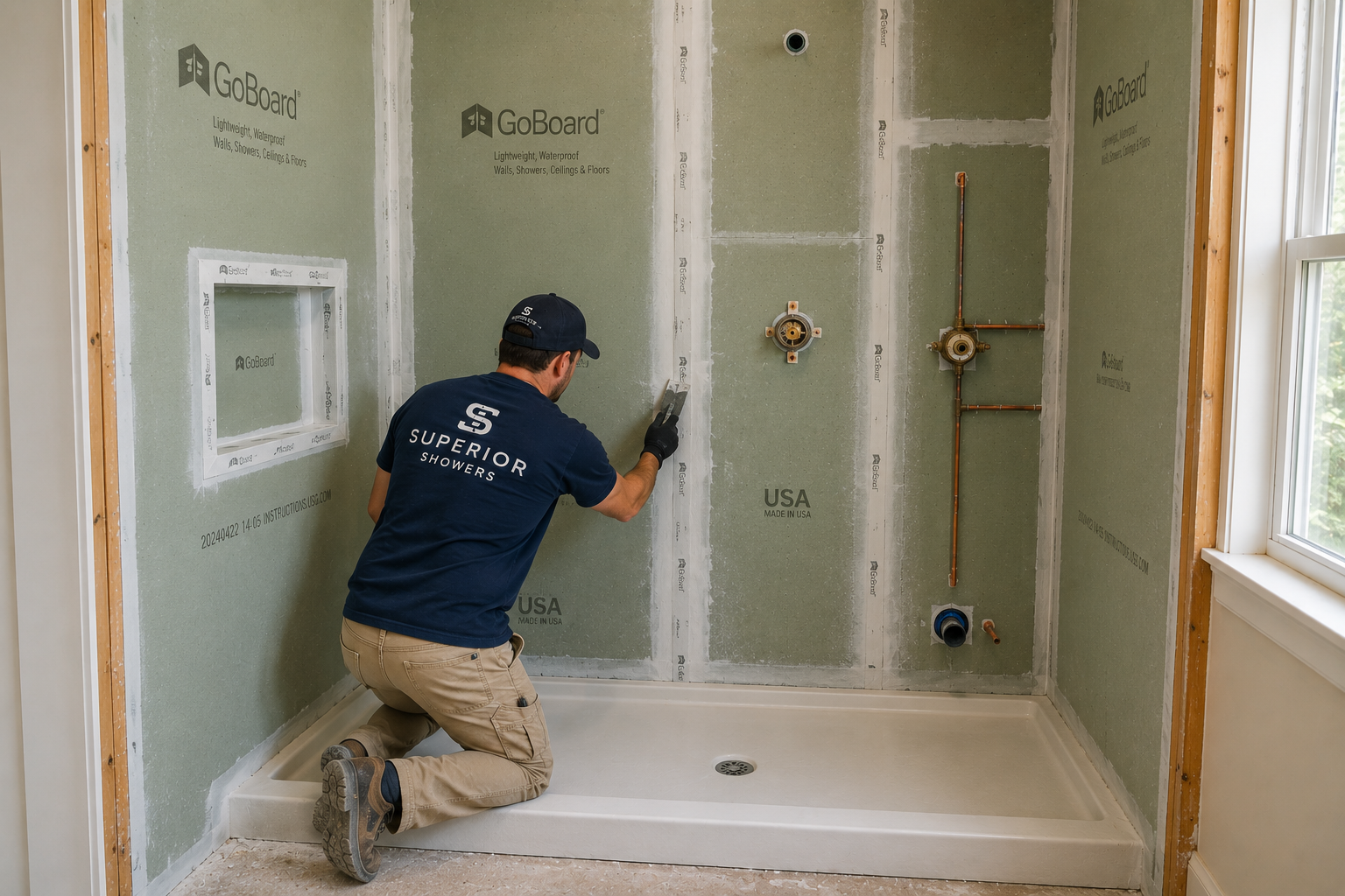 crew member installing waterproof backer board in a shower